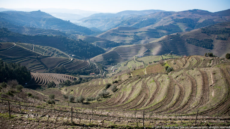Deep mountain valley with sweeping contour vineyard terraces across both slopes.