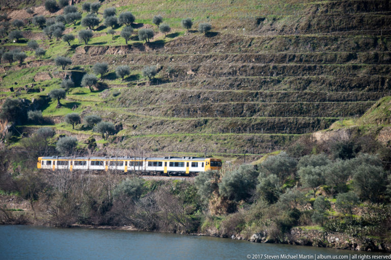 Yellow-and-white passenger train runs beside the Douro River below steep terraced vineyard slopes.