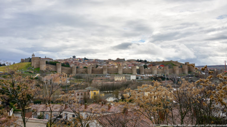 Ávila’s medieval walls seen beyond leafless shrubs and dry vegetation under a cloudy sky.