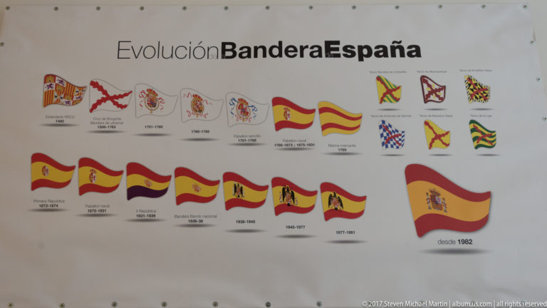 Museum panel showing chronological designs in the evolution of Spain’s flag, ending with the modern national flag.