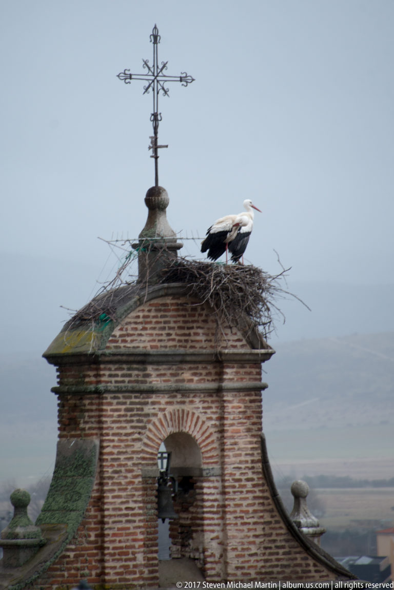 Two white storks standing on a large stick nest atop a church roof beside an iron cross.