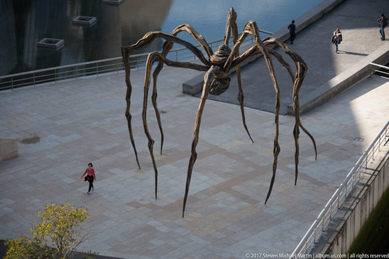 Overhead view of the giant spider Maman spreading long bronze legs across a stone terrace beside the river.