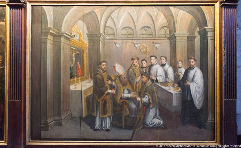 Religious painting with robed clerics and attendants gathered around a seated central figure in an architectural interior.