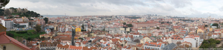 Elevated panorama over dense Lisbon rooftops, pale buildings, church towers, and hills beneath a cloudy sky.