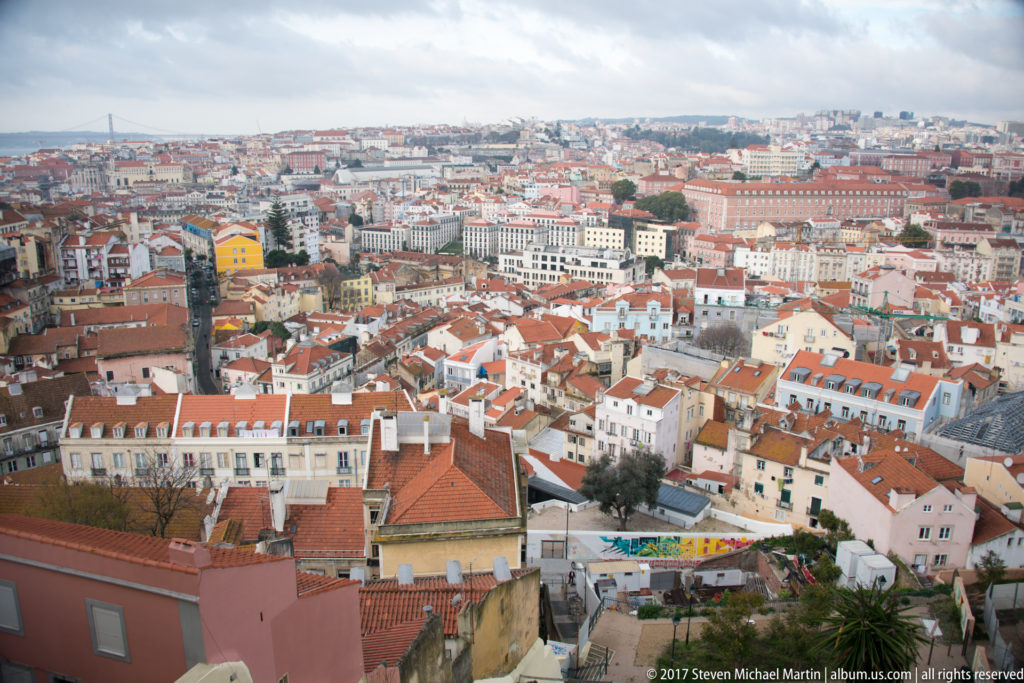 Wide daytime view over Lisbon’s red-tiled roofs and dense neighborhoods stretching across rolling hills.