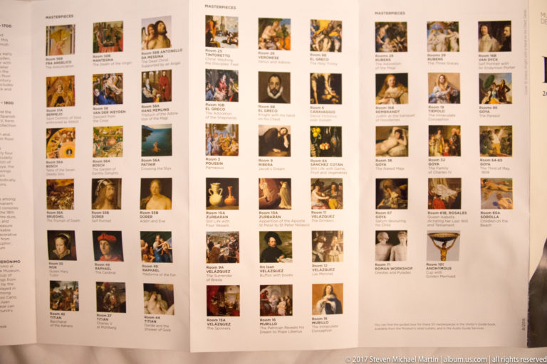 Open Prado Museum guide with thumbnail reproductions, room numbers, artist names, and titles arranged under MASTERPIECES headings.
