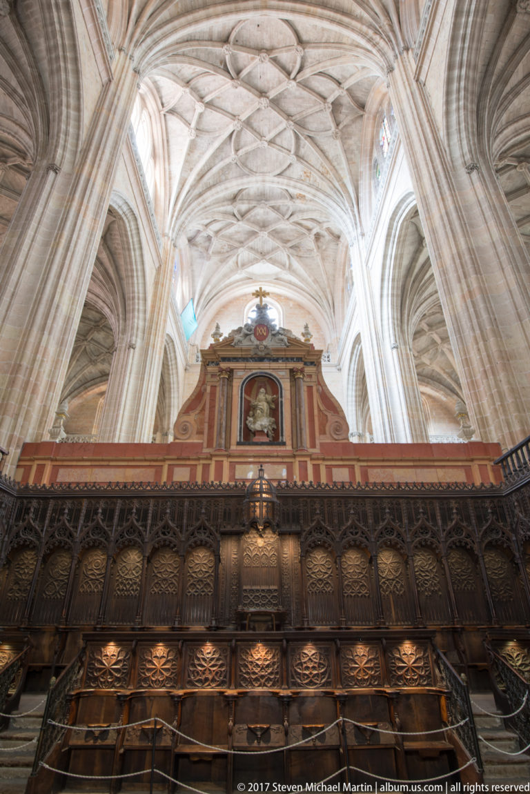 Dark carved wooden choir enclosure below pale ribbed vaults, with a painted central crest inside Segovia Cathedral.