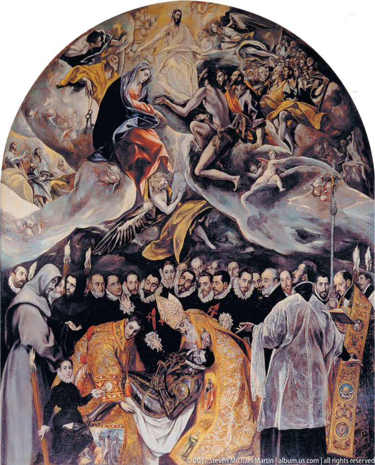 El Greco’s Burial of the Count of Orgaz with mourners around an armored body below and a visionary heavenly scene above.