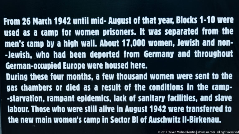 English museum text describing the 1942 women’s camp in Blocks 1–10 and transfer to Auschwitz II-Birkenau.