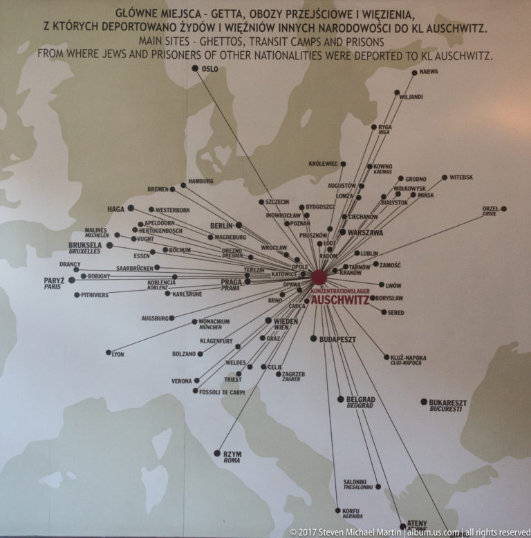 Map of Europe with numerous deportation routes converging on Auschwitz, marked in red near the center.