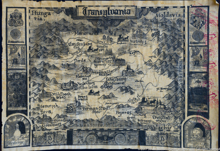 Antiquarian-style map labeled Transylvania with mountains, settlements, heraldic devices, and illustrated border panels.