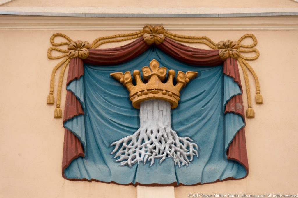 Close view of a gold-crowned white tree with exposed roots on blue drapery, Brasov civic emblem.