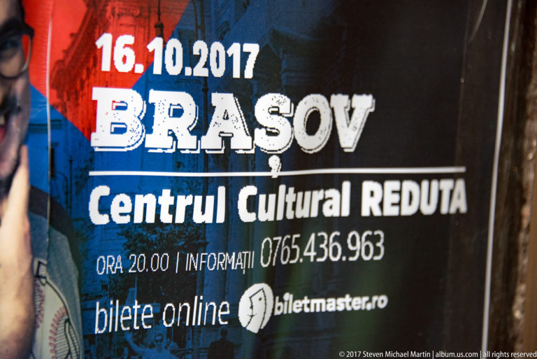Event poster reading BRAȘOV and Centrul Cultural REDUTA with ticketing and contact information.