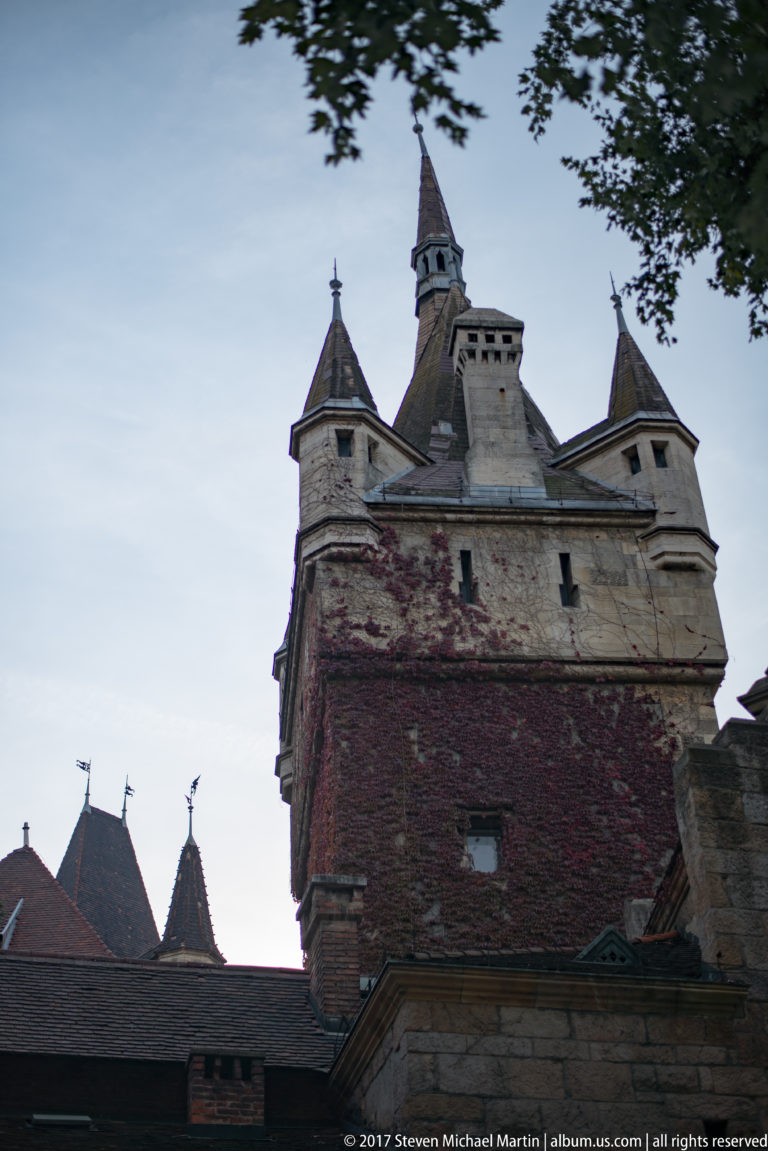Low-angle weathered Vajdahunyad Castle tower with brick walls, pale stone upper section, and pointed roofs.