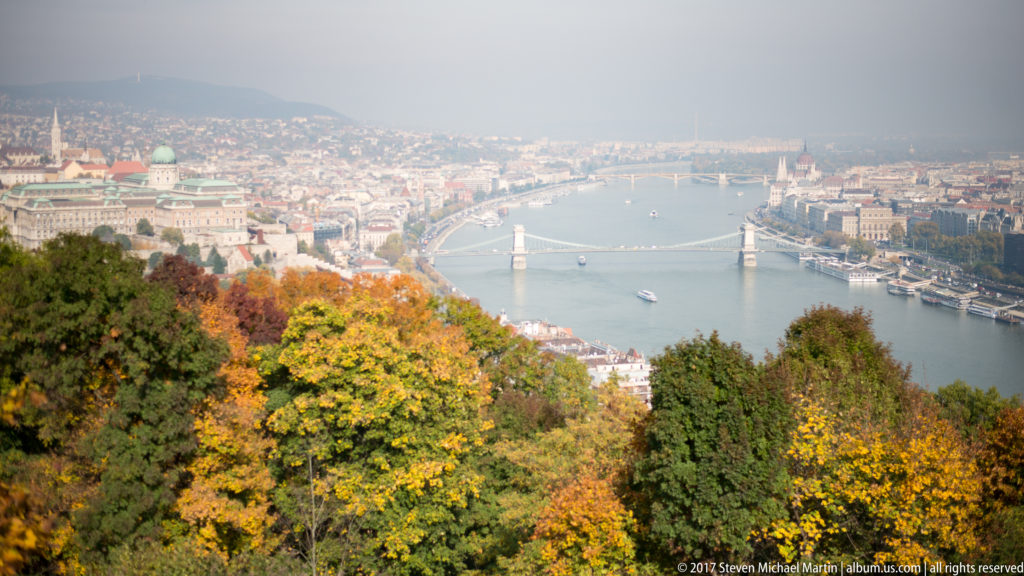 Autumn trees frame an elevated view of the Danube, Elisabeth Bridge, and central Budapest from Gellért Hill.