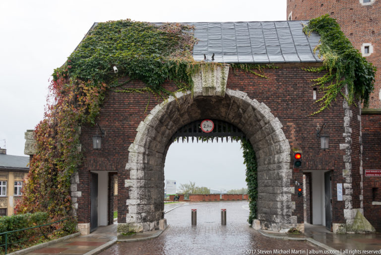 Stone-trimmed brick gateway covered in ivy, with iron teeth, a traffic light, and wet paving beyond.