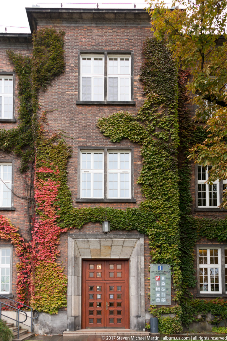 Ivy-covered brick façade with white windows and a stone-framed wooden entrance at Wawel Castle.