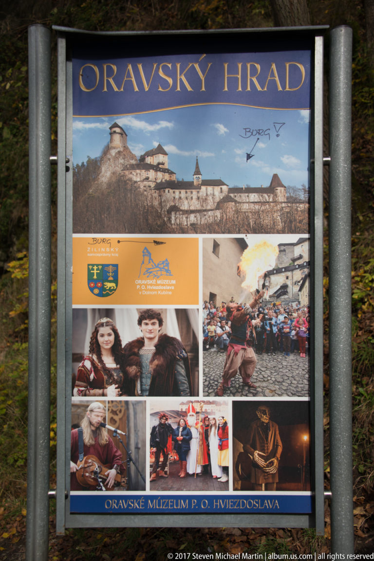 Outdoor Oravský Hrad poster with castle view, heraldry, costumed figures, and museum activity photographs.