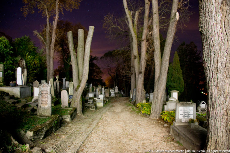 Tree-lined cemetery path receding between rows of graves, headstones, and low tombs at night.