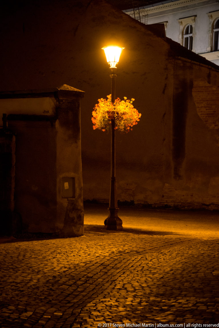Warm streetlamp with hanging flowers illuminating cobblestones beside a plain historic wall at night.
