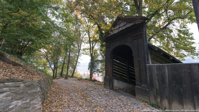 Dark wooden Covered Stairway climbing a leaf-covered hillside path beside a stone wall and mature trees in Sighisoara.