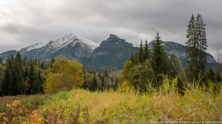 Golden autumn meadow and conifer trees below a steep gray Tatra mountain massif under cloudy skies.