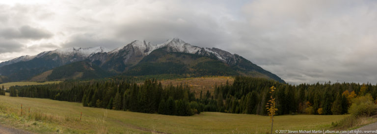 Open pasture, dark conifer forest, and a jagged Tatra ridge partly hidden by mist and low clouds.