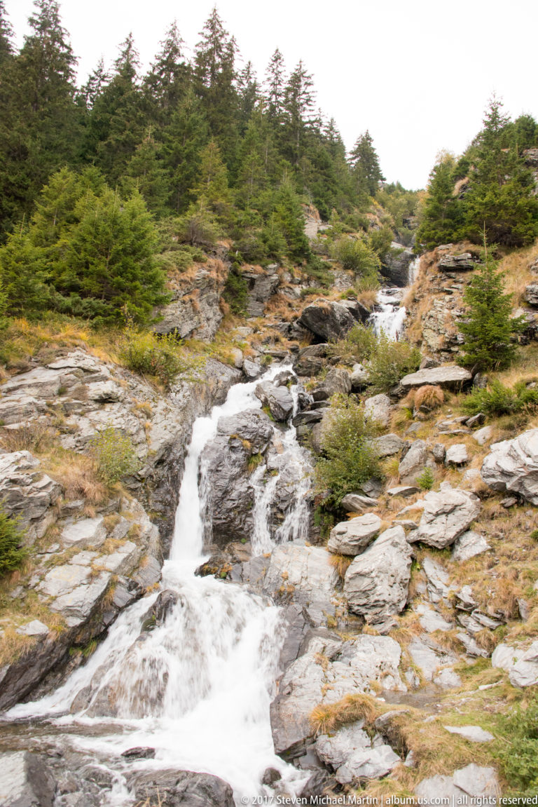 Rocky mountain stream forming several small cascades among low conifers and alpine vegetation.