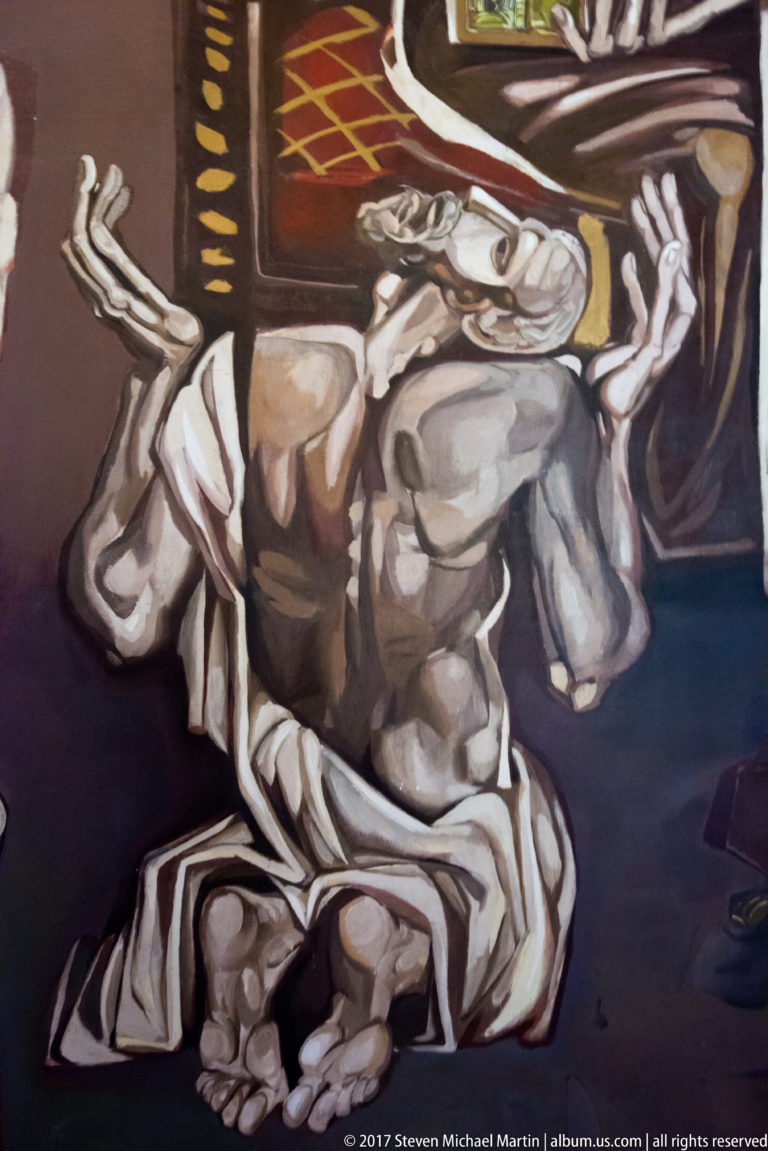 Teofan Sokerov mural detail of a bare-chested seated figure wrapped in white drapery, with another figure below.