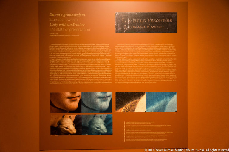 Orange museum panel about conservation and technical study of Leonardo da Vinci’s Lady with an Ermine, with enlarged image details.
