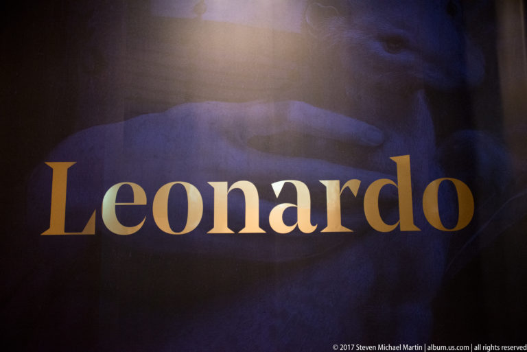 Large gold word Leonardo across a dark museum exhibition graphic with a faint enlarged detail from Lady with an Ermine.