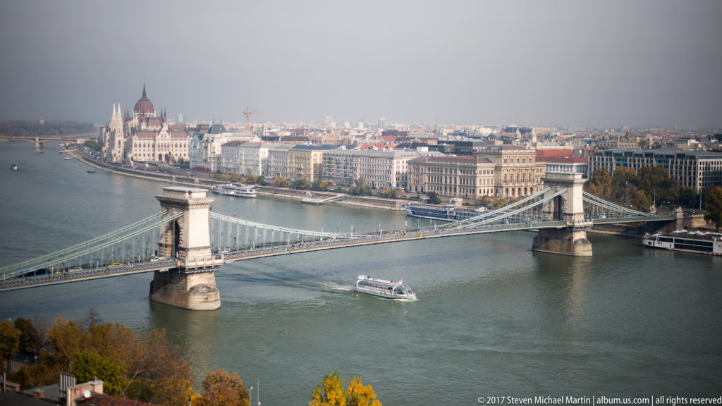 Széchenyi Chain Bridge crossing the Danube toward the Hungarian Parliament Building, viewed from Castle Hill.