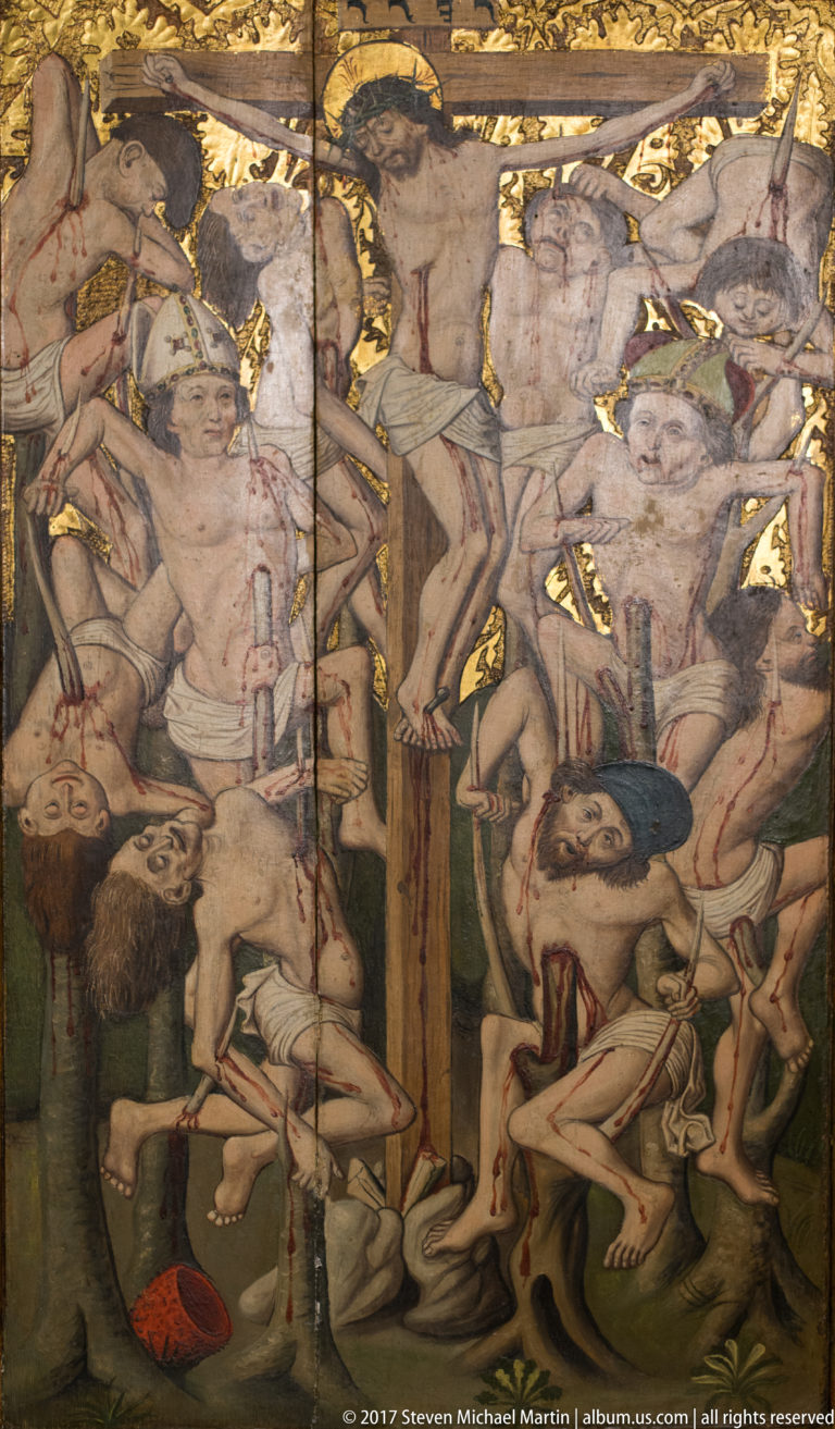 Fragmentary painting crowded with twisting nude and semi-nude figures beneath patches of gilded ornament.