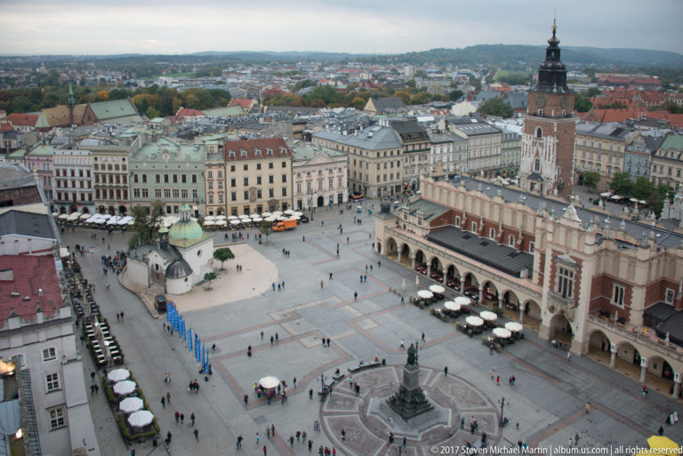 High overview of Krakow’s Main Market Square with Cloth Hall, Town Hall Tower, central monument, pedestrians, and surrounding façades.