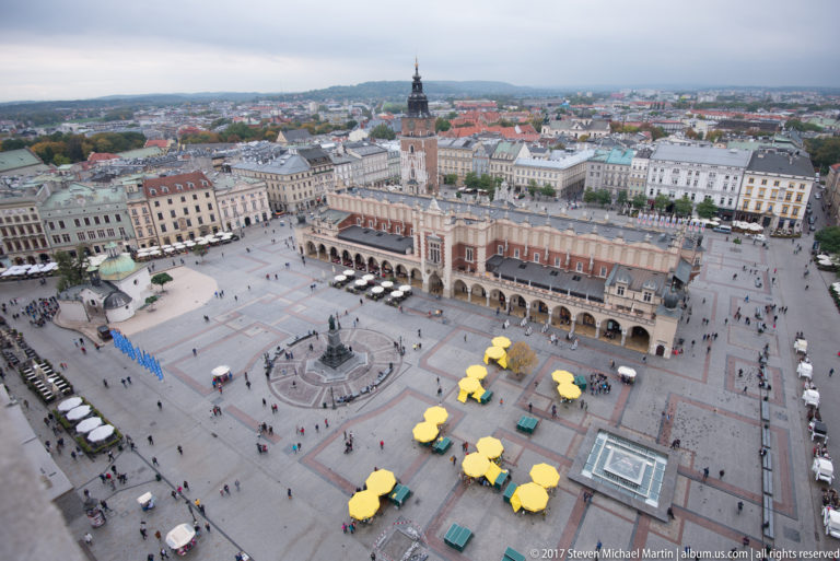 High panorama of Main Market Square with Cloth Hall, Town Hall Tower, central monument, yellow stalls, and pedestrians across the paving.