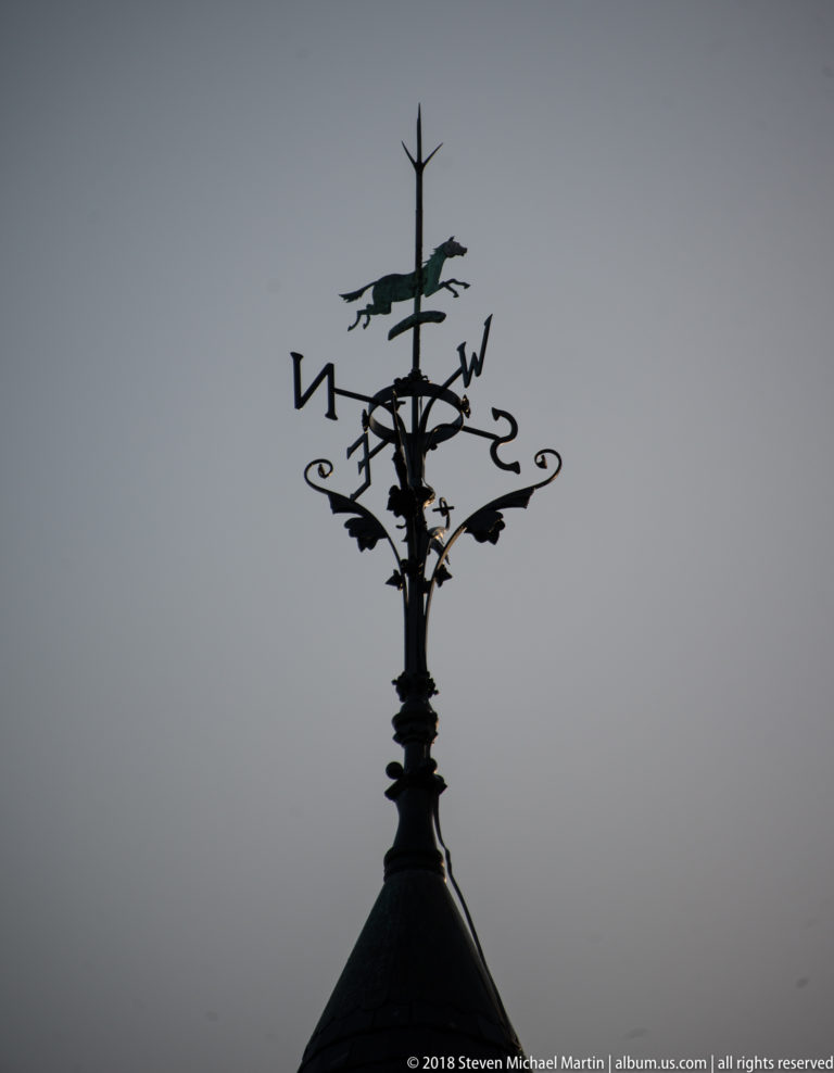 Silhouetted metal weather vane with cardinal letters and an animal-shaped pointer against a pale sky.