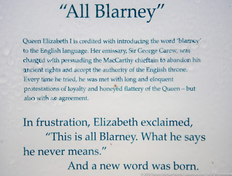 Interpretive panel titled All Blarney describing a traditional story about Queen Elizabeth I and the word blarney.