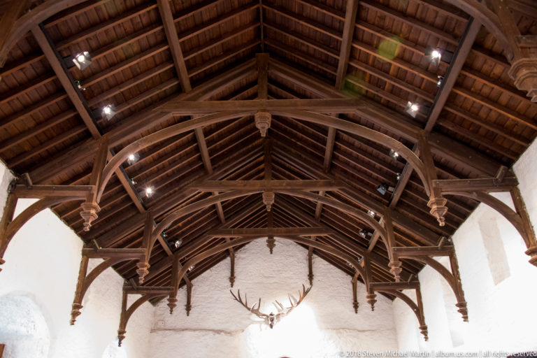 Symmetrical upward view along a dark timber roof with repeated braces, rafters, carved details, and spotlights.