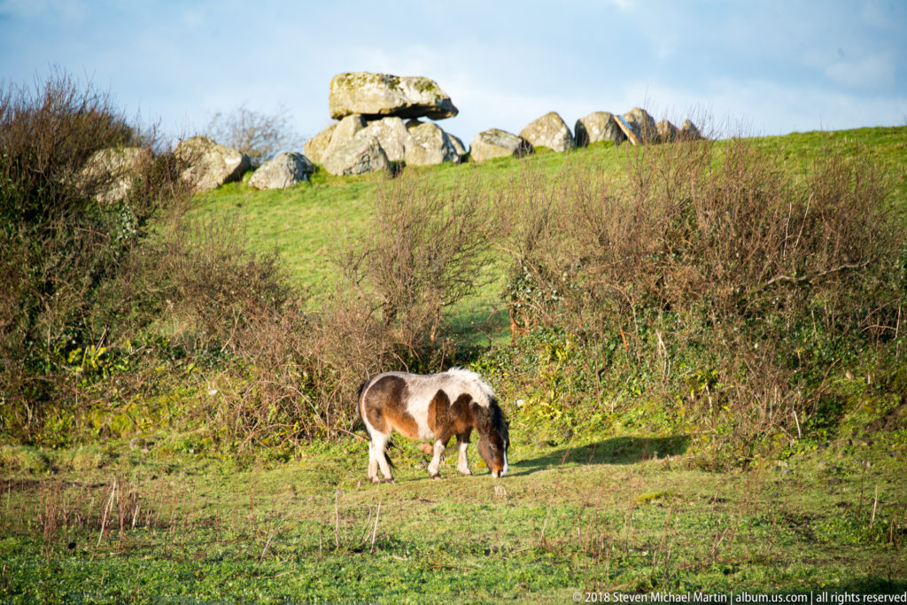 Piebald horse grazing below a ridge-top megalithic tomb and scattered stones.