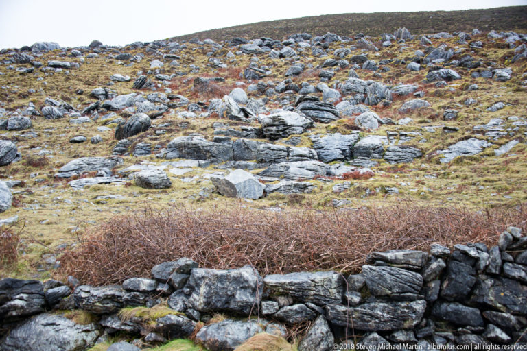 Low dry-stone wall in front of brambles and a rocky limestone hillside dotted with grass and boulders.