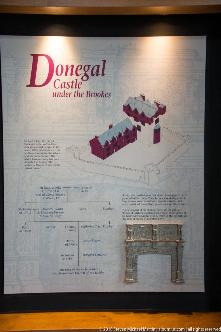 Illuminated museum panel titled “Donegal Castle under the Brookes” with castle diagram, text, plans, and fireplace illustration.