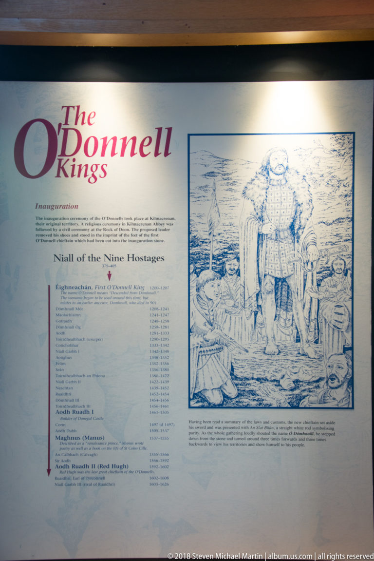 Illuminated panel titled “The O’Donnell Kings” with genealogy text and a large blue historical illustration.