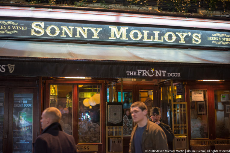 Nighttime Galway pub frontage with “Sonny Molloy’s” above and “The Front Door” signage over the entrance.