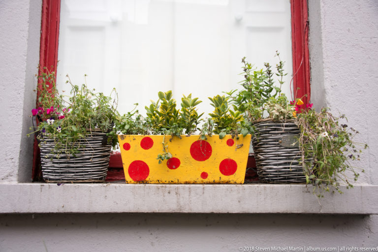 Three flower planters on a windowsill, including a bright yellow box with large red circles.