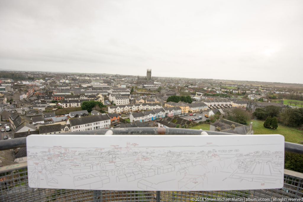 Kilkenny panorama seen over a curved skyline orientation panel mounted at an elevated lookout.
