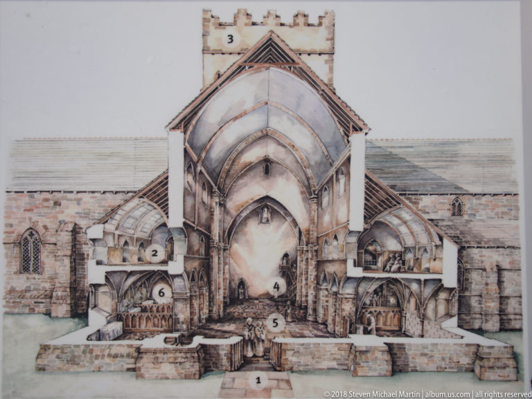 Color reconstruction drawing of an abbey church interior with pointed vaults, side aisles, furnishings, and numbered callouts.