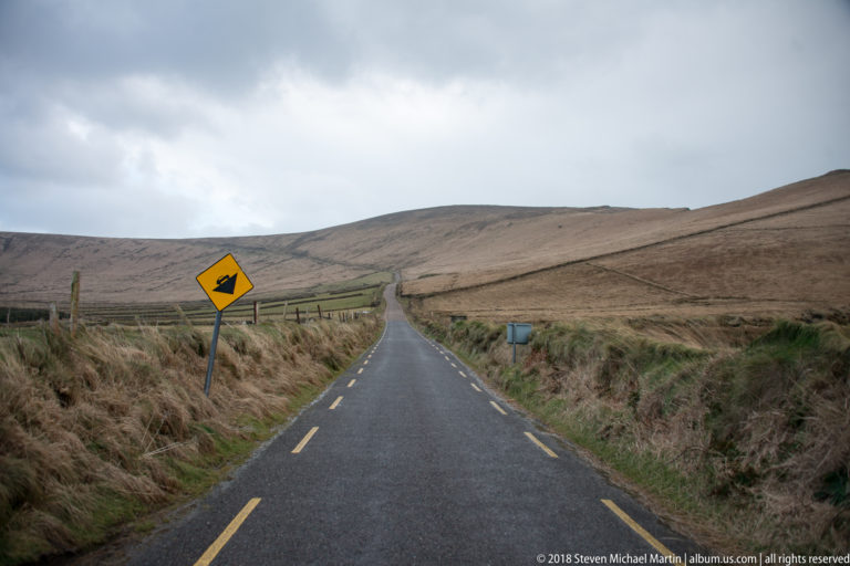 Empty narrow road crossing brown upland moorland with a yellow livestock warning sign beside the verge.