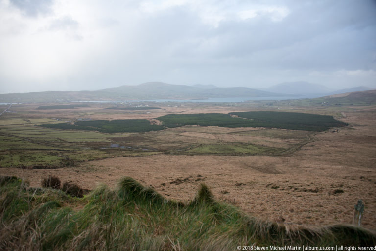 Wide brown-green upland valley with dark forest blocks, winding tracks, and misty mountains in the distance.