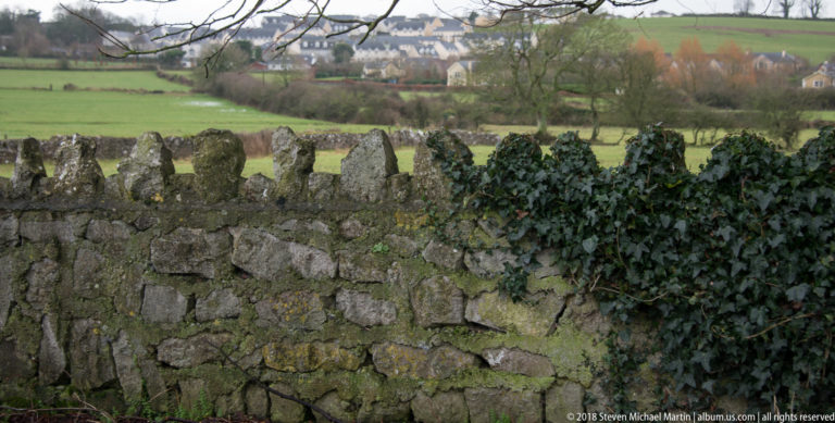 Mossy stone boundary wall with ivy in the foreground, with green fields and distant houses beyond.