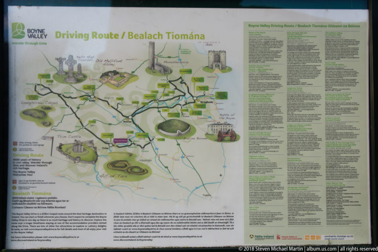 Outdoor interpretive panel with an illustrated Boyne Valley map, route lines, landmark drawings, and columns of visitor information.